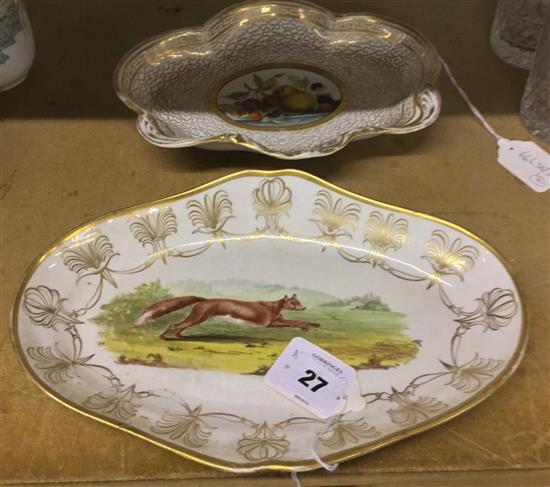Chamberlains Worcester fruit-painted spoon tray & an oval dish painted with a fleeing fox
